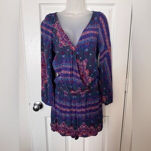 American Eagle Outfitters Blue and Red Long Sleeve Romper